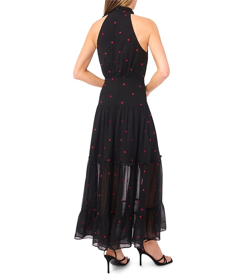 CeCe Halter Tie Neck Embroidered Heart Tiered Maxi Dress