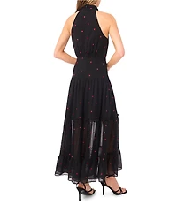 CeCe Halter Tie Neck Embroidered Heart Tiered Maxi Dress