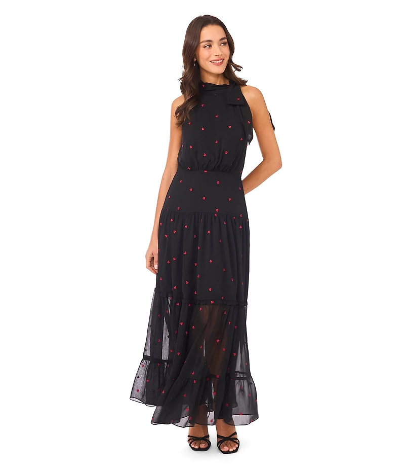 CeCe Halter Tie Neck Embroidered Heart Tiered Maxi Dress