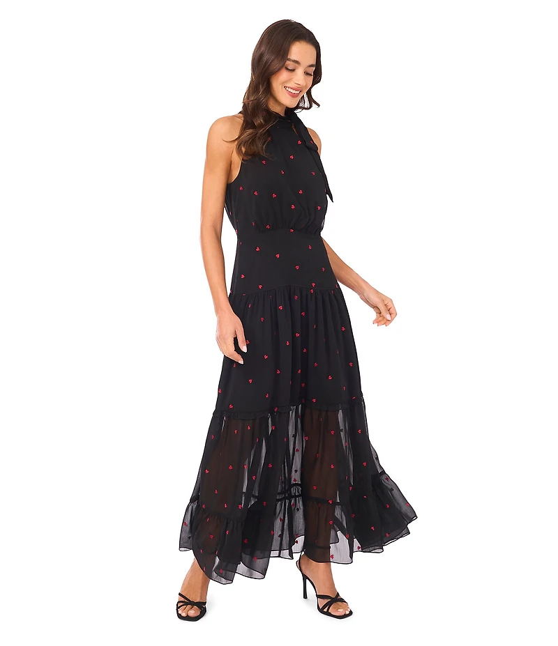 CeCe Halter Tie Neck Embroidered Heart Tiered Maxi Dress