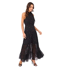 CeCe Halter Tie Neck Embroidered Heart Tiered Maxi Dress