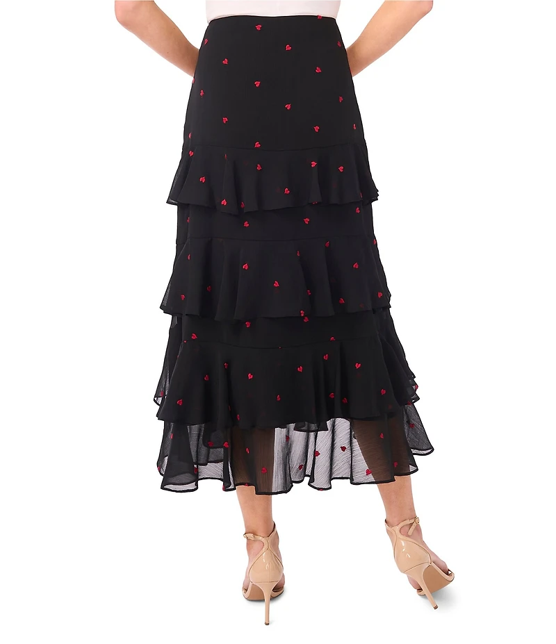 CeCe Heart Embroidered Ruffle Midi Skirt