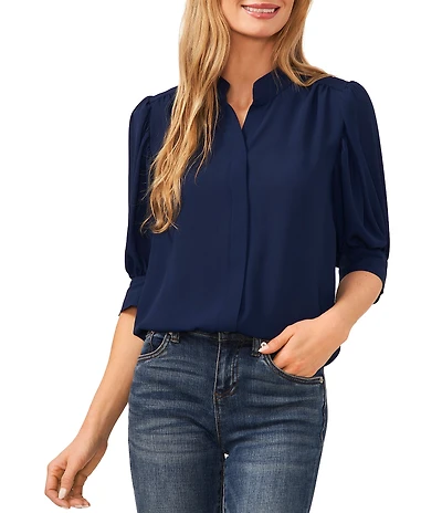 CeCe Heavy Georgette Mandarin Collar Elbow Sleeve Button Front Shirt