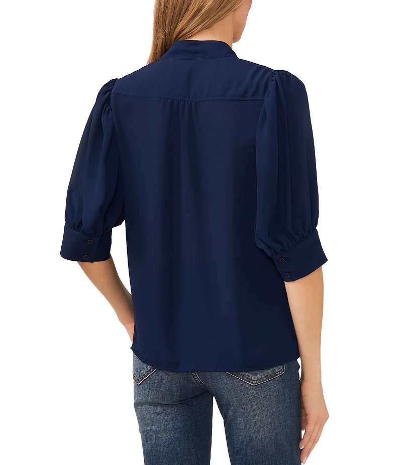 CeCe Heavy Georgette Mandarin Collar Elbow Sleeve Button Front Shirt