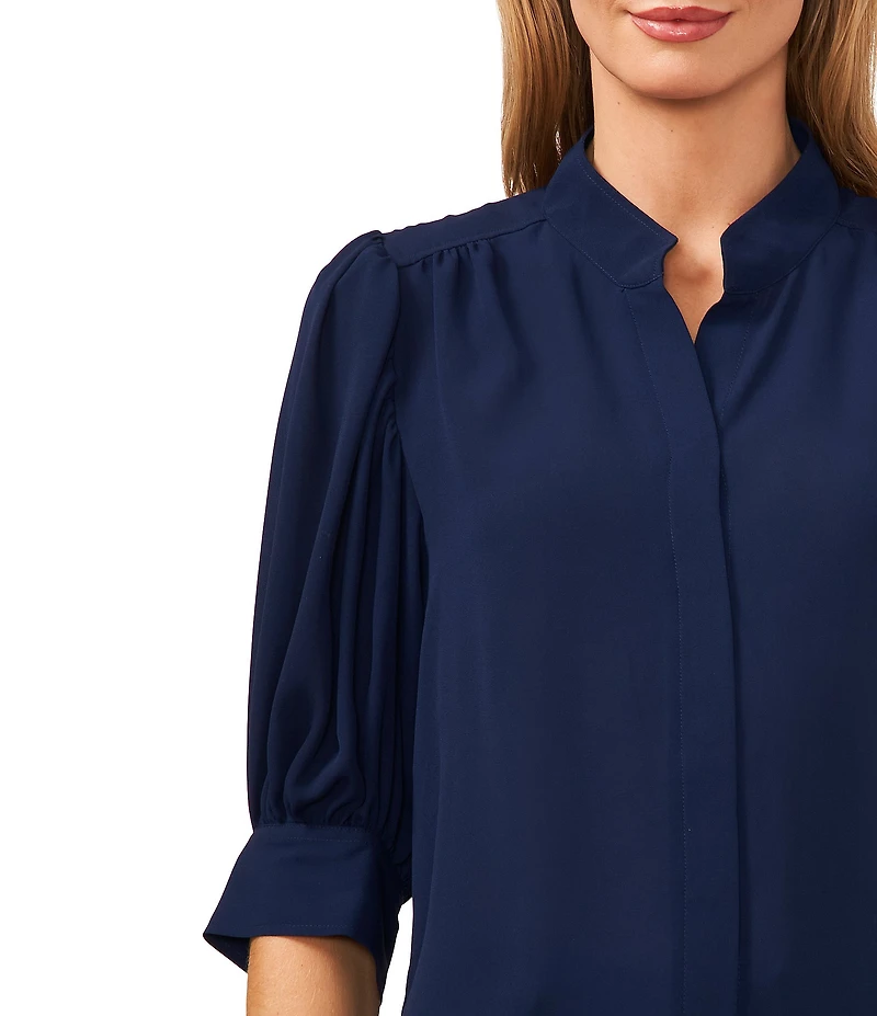 CeCe Heavy Georgette Mandarin Collar Elbow Sleeve Button Front Shirt