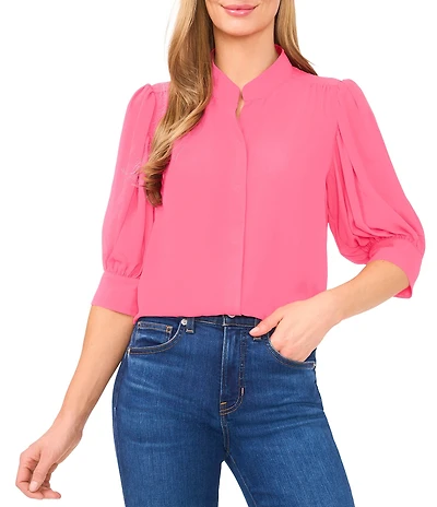 CeCe Heavy Georgette Mandarin Collar Elbow Sleeve Button Front Shirt