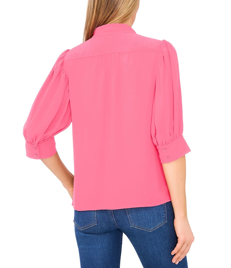 CeCe Heavy Georgette Mandarin Collar Elbow Sleeve Button Front Shirt