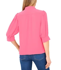 CeCe Heavy Georgette Mandarin Collar Elbow Sleeve Button Front Shirt