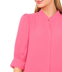 CeCe Heavy Georgette Mandarin Collar Elbow Sleeve Button Front Shirt