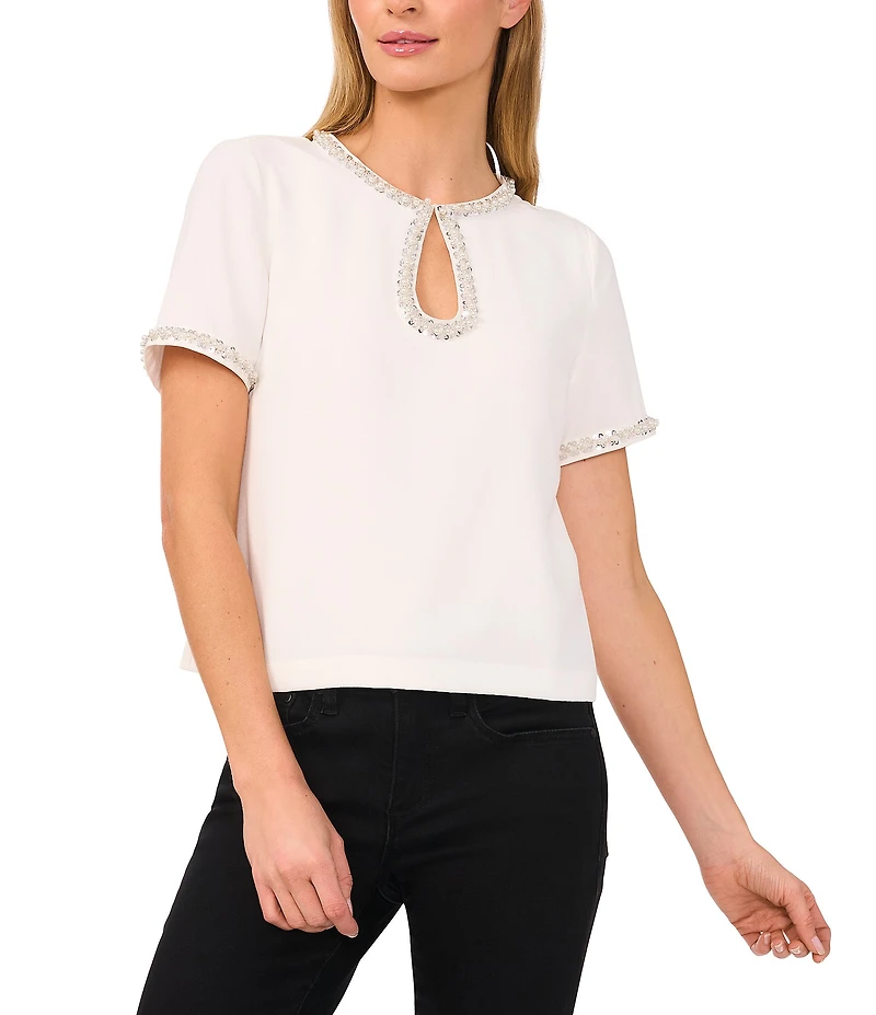 CeCe Keyhole Neck Short Sleeve Beaded Trim Blouse