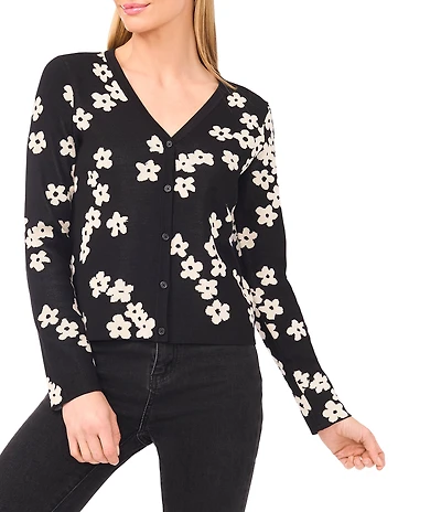 CeCe Knit Coordinating Floral Print Jacquard V-Neck Long Sleeve Cardigan