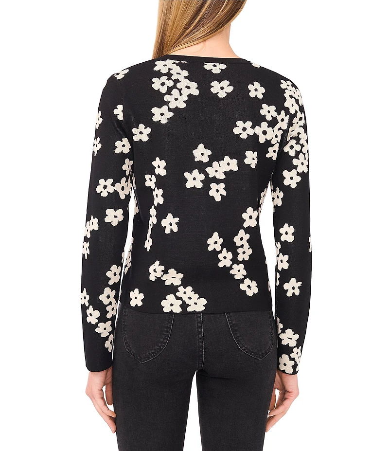 CeCe Knit Coordinating Floral Print Jacquard V-Neck Long Sleeve Cardigan