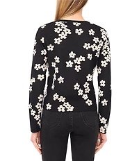 CeCe Knit Coordinating Floral Print Jacquard V-Neck Long Sleeve Cardigan