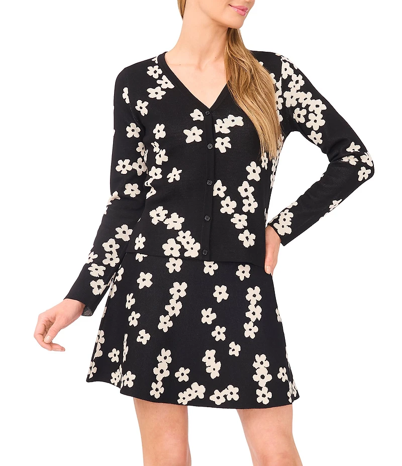 CeCe Knit Coordinating Floral Print Jacquard V-Neck Long Sleeve Cardigan