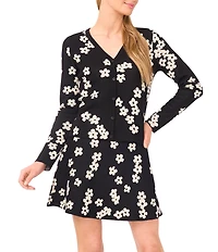 CeCe Knit Coordinating Floral Print Jacquard V-Neck Long Sleeve Cardigan
