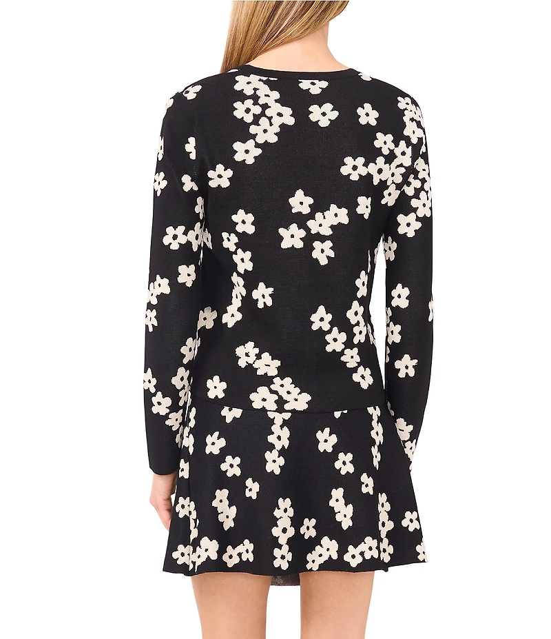 CeCe Knit Coordinating Floral Print Jacquard V-Neck Long Sleeve Cardigan