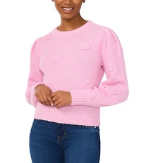 CeCe Knit Crew Neck Long Sleeve 3D Flower Sweater