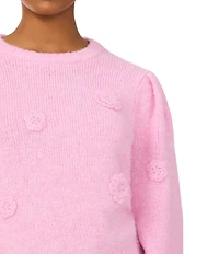 CeCe Knit Crew Neck Long Sleeve 3D Flower Sweater