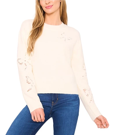 CeCe Knit Crew Neck Long Sleeve Lace Bow Sweater
