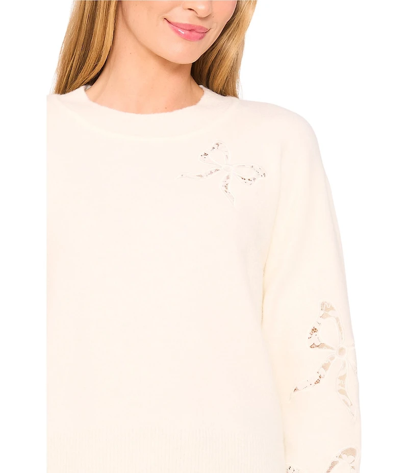 CeCe Knit Crew Neck Long Sleeve Lace Bow Sweater