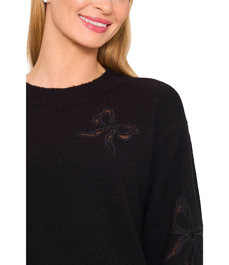 CeCe Knit Crew Neck Long Sleeve Lace Bow Sweater
