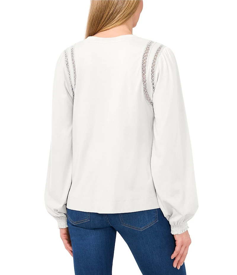 CeCe Knit Crew Neck Long Sleeve Lace Inset Top