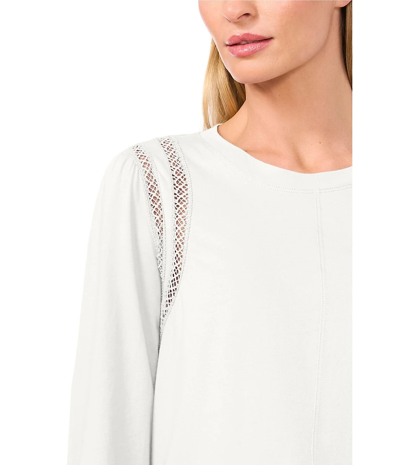 CeCe Knit Crew Neck Long Sleeve Lace Inset Top