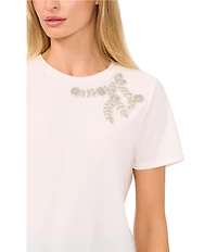 CeCe Knit Crew Neck Short Sleeve Embellished Tee