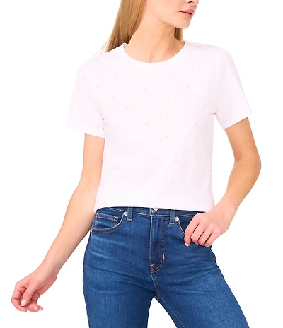 CeCe Knit Crew Neck Short Sleeve Pearl Tee