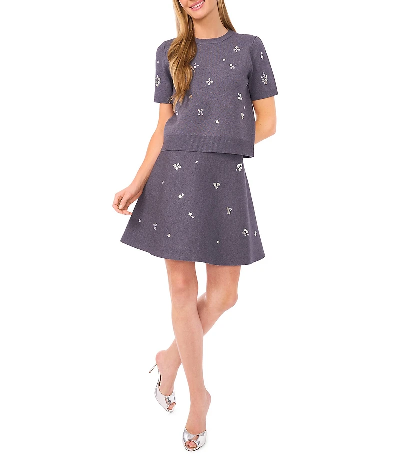 CeCe Knit Embellished Mini A-Line Coordinating Skirt
