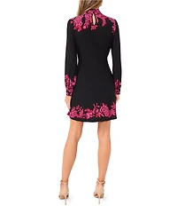 CeCe Knit Floral Border Print Mock Neck Long Sleeve Mini Dress