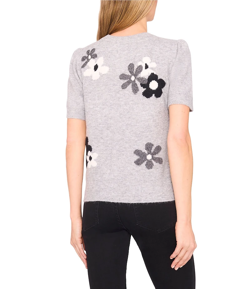CeCe Knit Floral Print Crew Neck Short Sleeve Sweater
