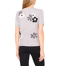 CeCe Knit Floral Print Crew Neck Short Sleeve Sweater