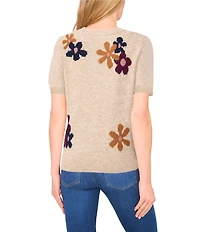 CeCe Knit Floral Print Crew Neck Short Sleeve Sweater