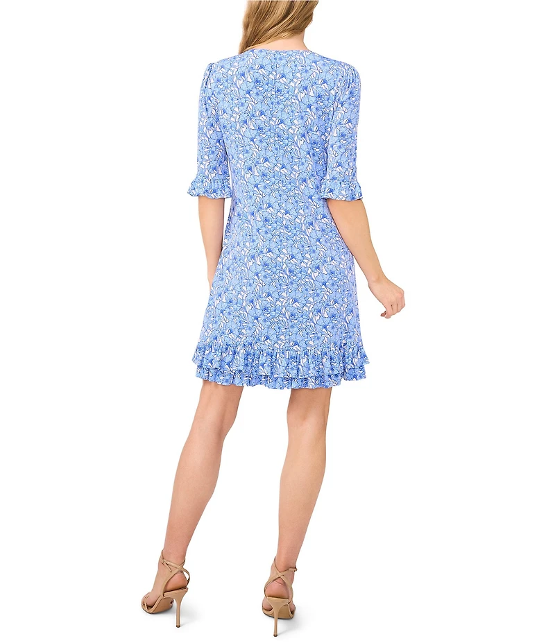 CeCe Knit Floral V-Neckline Ruffle Sleeve Shift Dress