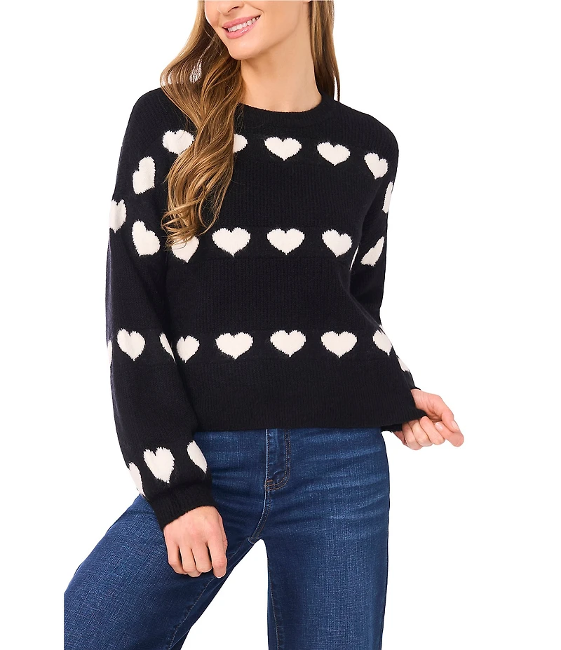 CeCe Knit Jacquard Heart Crew Neck Long Sleeve Sweater