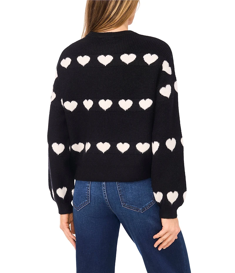 CeCe Knit Jacquard Heart Crew Neck Long Sleeve Sweater
