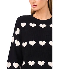 CeCe Knit Jacquard Heart Crew Neck Long Sleeve Sweater