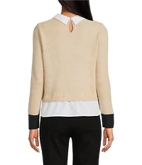 CeCe Knit Jersey Twofer Point Collar Long Sleeve Sweater Blouse