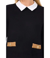 CeCe Knit Jersey Twofer Point Collar Long Sleeve Sweater Blouse