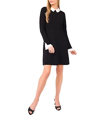 Cece Knit Pearl Collared Long Sleeve Sweater Dress