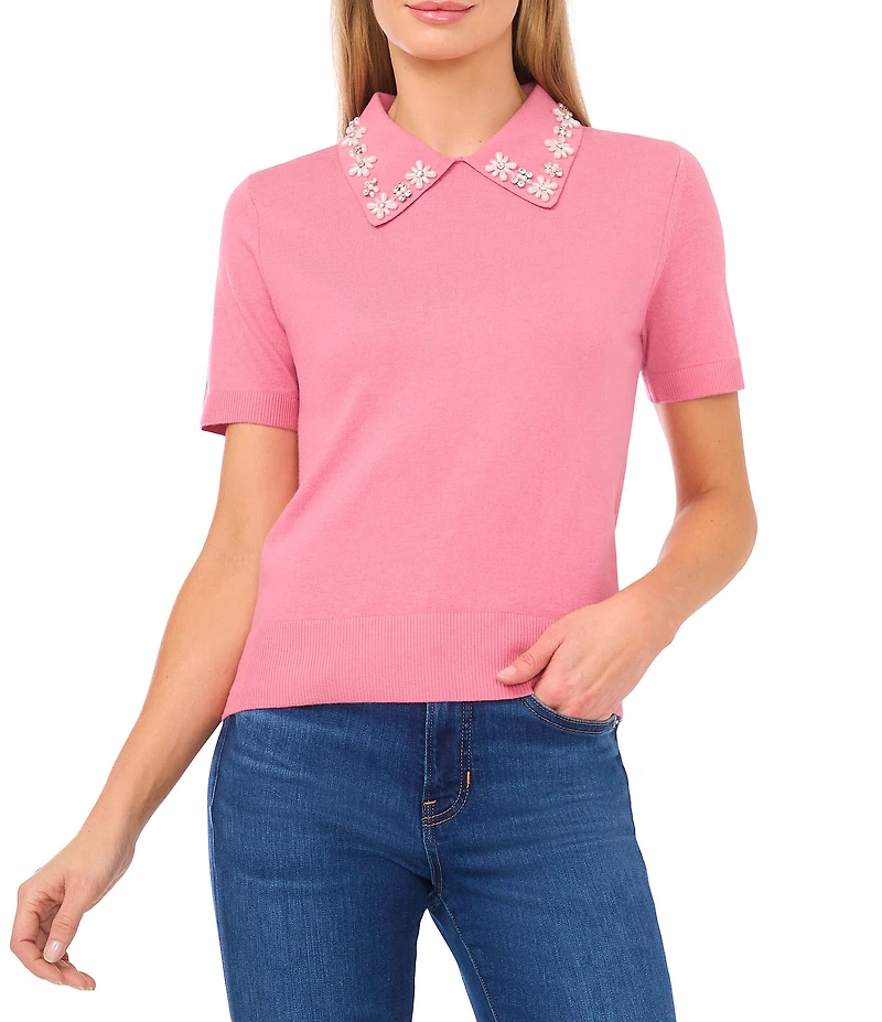 CeCe Knit Point Collar Floral Embellished Short Sleeve Sweater