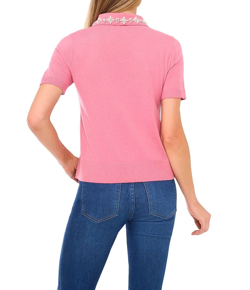 CeCe Knit Point Collar Floral Embellished Short Sleeve Sweater