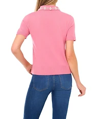 CeCe Knit Point Collar Floral Embellished Short Sleeve Sweater