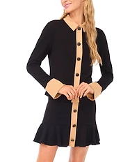 CeCe Knit Point Collar Long Sleeve Button Down Top