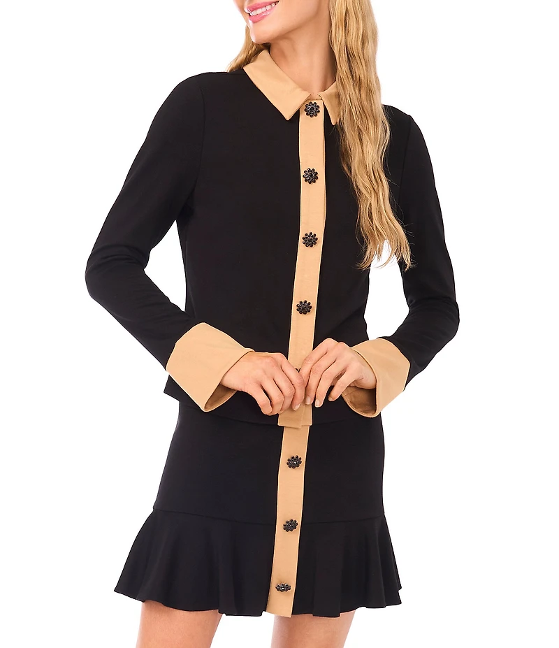 CeCe Knit Point Collar Long Sleeve Button Down Top