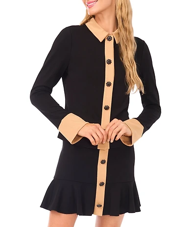 CeCe Knit Point Collar Long Sleeve Button Down Top