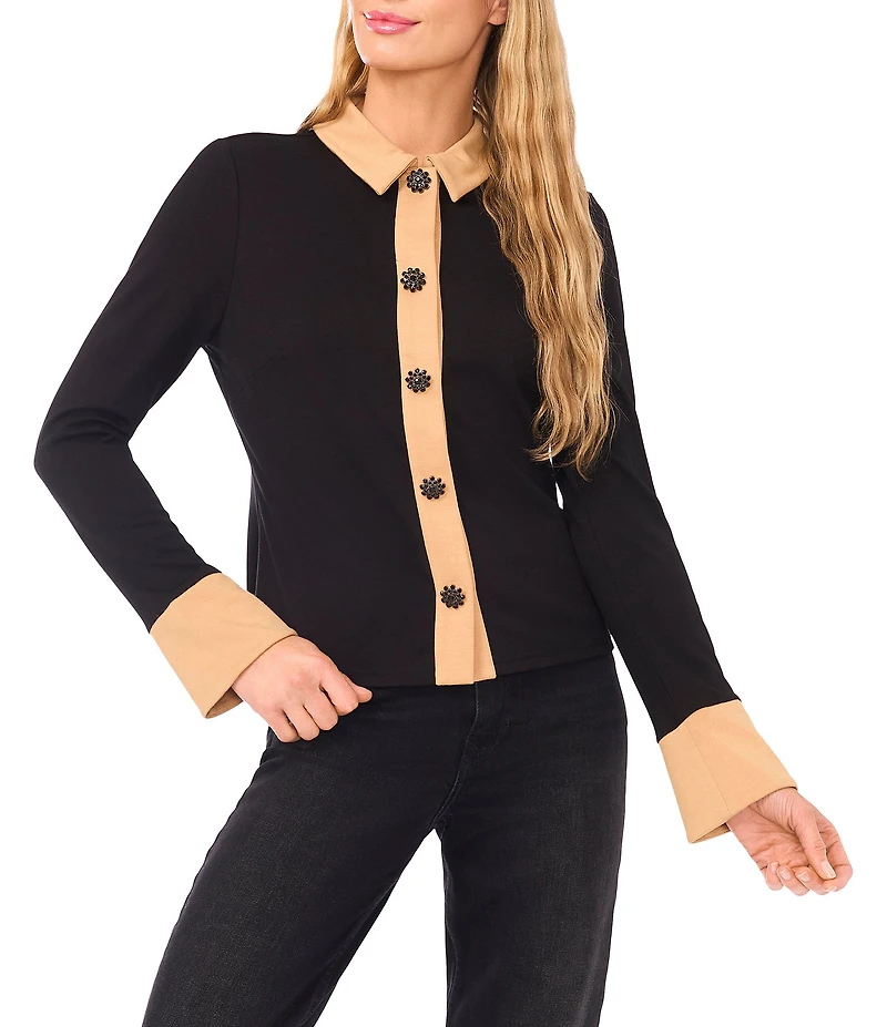 CeCe Knit Point Collar Long Sleeve Button Down Top