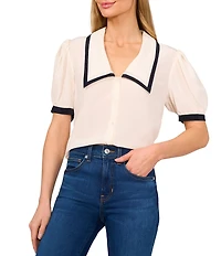 CeCe Knit Point Collar Short Puff Sleeve Contrast Trim Top