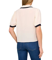 CeCe Knit Point Collar Short Puff Sleeve Contrast Trim Top